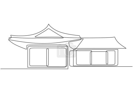 Hanok traditional korean house in continuous one line art drawing. Traditional building vector illustration editable stroke.