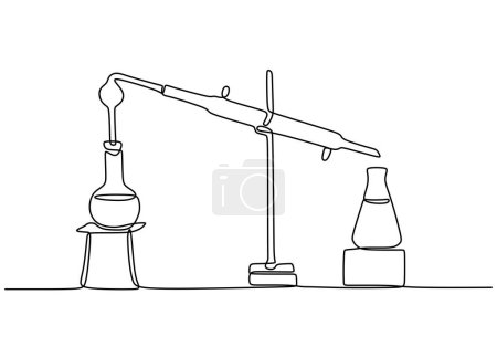 Ilustración de Dibujo continuo de línea de destilación. Un bosquejo dibujado a mano investigación química de laboratorio y reacción. - Imagen libre de derechos