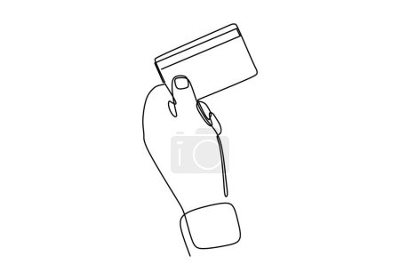 Téléchargez les illustrations : Un dessin d'art de ligne de la main tenant la carte de crédit. Concept continu d'objet métier à contour unique. - en licence libre de droit