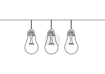 Illustration for Three Hanging extinct light bulbs with knot tangled cable and one glowing with straight cord. Concept of idea and choosing successful idea from many failed ones. - Royalty Free Image