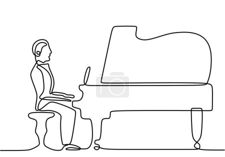 Illustration for Person playing piano. One line drawing. Continuous outline editable stroke vector. A man of pianist sitting and play music. - Royalty Free Image