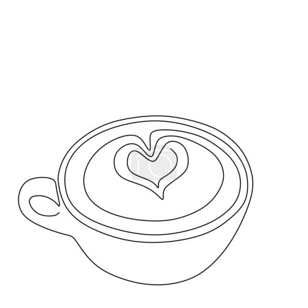 Téléchargez les illustrations : Tasse de café avec cœur. Dessin continu d'une ligne. Cappuccino latte art. Illustration vectorielle isolée. Design minimaliste dessiné à la main. - en licence libre de droit