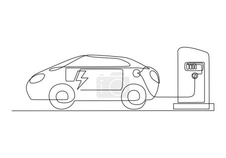 Illustration for Electric car one line drawing. Continuous single outline vehicle with battery. Charging energy concept. - Royalty Free Image