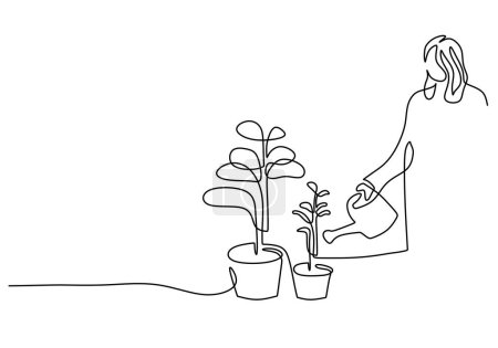 Ilustración de Gente regando plantas en continuo dibujo de una sola línea. Concepto de agricultura ecológica de plantaciones de agricultores y cultivo sostenible. - Imagen libre de derechos
