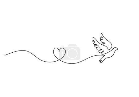 Téléchargez les illustrations : Oiseau volant avec cœur en dessin d'art linéaire continu. Un contour d'animal colombe. Illustration vectorielle isolée. Design minimaliste dessiné à la main. - en licence libre de droit