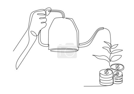 Illustration for Continuous one line drawing of growing dollar money. Income growth and invest economy concept. Hand holding watering can with plant and finance symbol. - Royalty Free Image