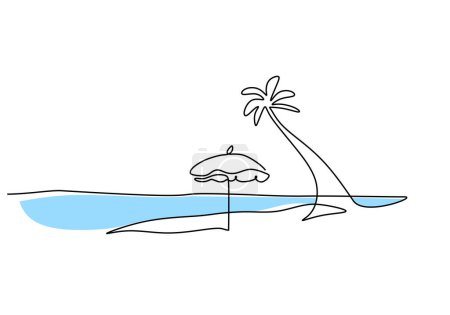 Ilustración de Dibujo de línea continua playa. Ilustración vectorial de la playa sombrilla durante las vacaciones de verano. Panorama paisaje de la naturaleza arte. - Imagen libre de derechos
