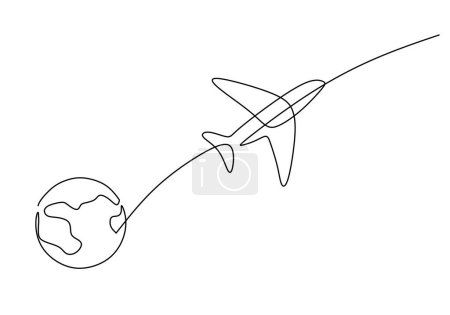 Ilustración de Los aviones viajan alrededor del mundo. Dibujo continuo de una línea. Ilustración vectorial aislada. Diseño minimalista a mano. - Imagen libre de derechos