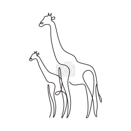 Téléchargez les illustrations : Girafe avec bébé en dessin continu d'une ligne. Zoo animalier thème. Illustration vectorielle isolée. Design minimaliste dessiné à la main. - en licence libre de droit