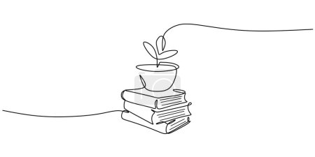 Stapelweise Bücher. Bildungsbuchkonzept mit Pflanzen in den Büchern. Kontinuierliche Zeichnung einer Linie. Vektorabbildung einzelne Umrisse.