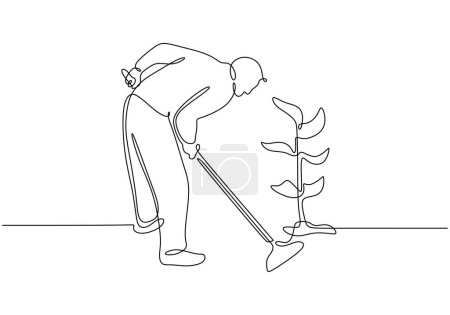 Illustration for Farmers plant trees in continuous one line drawing. Plantation ecology concept. Minimalist vector illustration with editable stroke. - Royalty Free Image