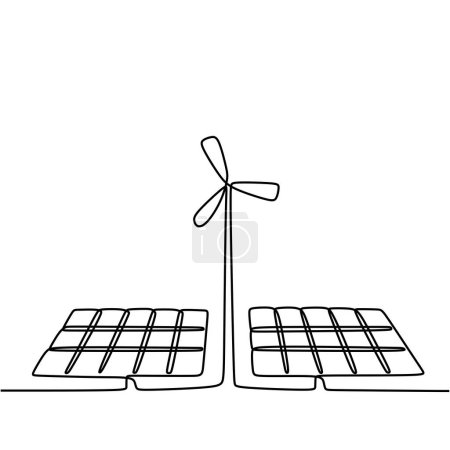 Illustration for One line drawing of solar panel photovoltaic. Sunlight and wind power energy source. Green renewable energies concept. - Royalty Free Image