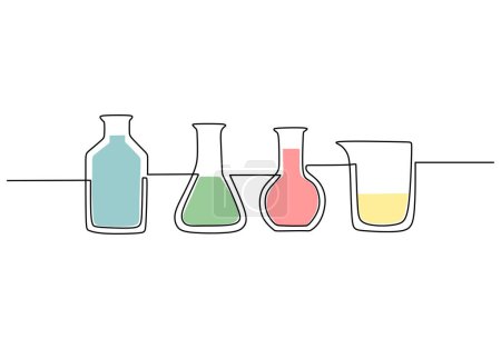 Illustration for Colorful one line drawing of laboratory equipments glass. Minimalist vector illustration. - Royalty Free Image