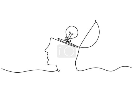 Téléchargez les illustrations : Un dessin linéaire du cerveau ouvert et de l'ampoule. Métaphore de la pensée créative. Illustration vectorielle isolée. Design minimaliste dessiné à la main. - en licence libre de droit