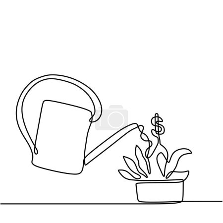 Ilustración de Creciendo dinero continuo de una línea de dibujo. Planta de riego con cosecha de dólar. - Imagen libre de derechos