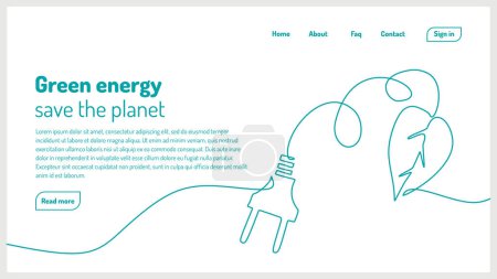 Illustration for Green energy continuous one line drawing. Landing page web template. Leaf and electricity vector illustration. Symbol of renewable energy. - Royalty Free Image
