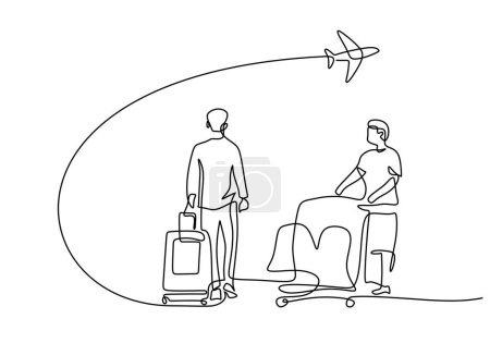 Illustration for Travel one continuous line drawing. People with suitcase. Vector illustration isolated. Minimalist design handdrawn. - Royalty Free Image