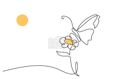 Illustration for Butterfly on flower under the sun in continuous one line art drawing. Floral and fauna vector illustration editable stroke. - Royalty Free Image