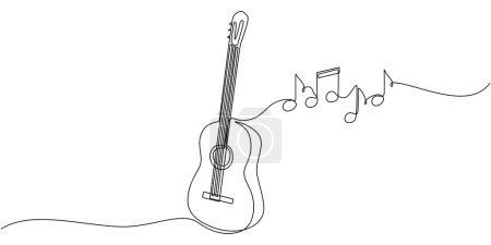 Illustration for One line drawing of classic guitar with music notes tone design. Classical jazz music instrument. Vector illustration simple continuous outline style. - Royalty Free Image