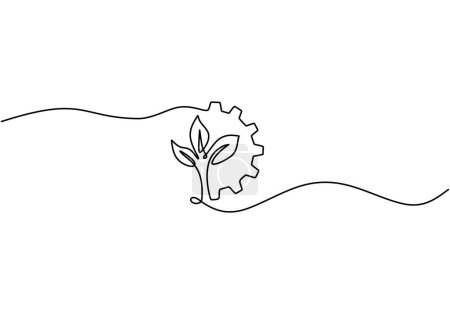 Illustration for Continuous line drawing of gear with leaves. Green technology concept. Vector illustration isolated. Minimalist design handdrawn. - Royalty Free Image