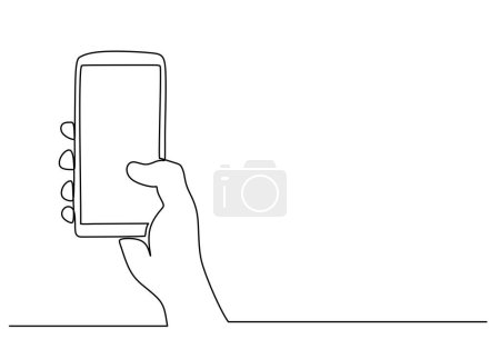 Illustration for Continuous one line drawing. Hand holding phone or smartphone. Vector illustration with blank screen. - Royalty Free Image