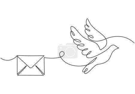 Illustration for Continuous line drawing. Dove bird with letter envelope. Message symbol postcard concept. Vector illustration isolated. Minimalist design handdrawn. - Royalty Free Image
