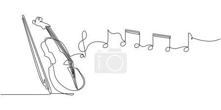 One line drawing of violin with music notes tone design. Classical jazz music instrument. Vector illustration simple continuous outline style.