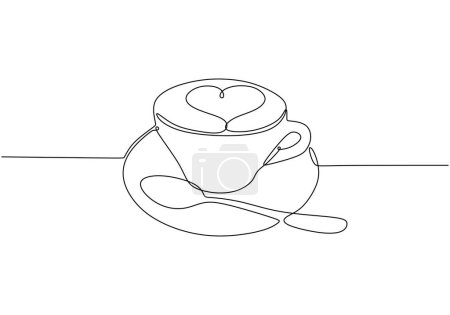Téléchargez les illustrations : Tasse de café avec cœur. Dessin continu d'une ligne. Cappuccino latte art. Illustration vectorielle isolée. Design minimaliste dessiné à la main. - en licence libre de droit