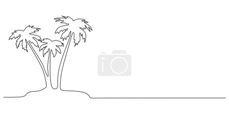 Téléchargez les illustrations : Palmiers cocotiers dans la plage. Dessin d'art continu d'une ligne. Illustration vectorielle panoramique vue mer. Concept vacances d'été. - en licence libre de droit