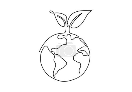 Illustration for Earth one line drawing. Continuous outline with leaves. Eco concept. Vector illustration isolated. Minimalist design handdrawn. - Royalty Free Image