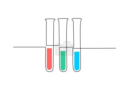 Illustration for Test tube glasses in continuous one line art drawing. Single hand drawn with colorful liquid laboratory equipment. - Royalty Free Image
