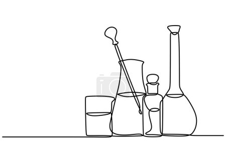 Téléchargez les illustrations : Verrerie dessin d'une ligne. Outils de chimie unique en continu. Minimaliste dessiné à la main. - en licence libre de droit