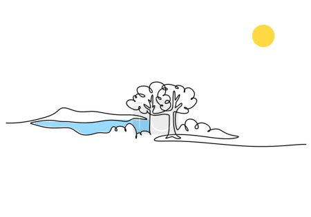 Téléchargez les illustrations : Forêt et rivière un dessin d'art linéaire. Une main unique continue dessinée du paysage de la nature. - en licence libre de droit