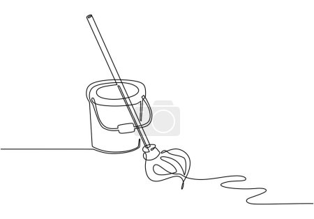 Illustration for Mop and bucket continuous line art drawing. Cleaning service concept.. Vector illustration isolated. Minimalist design handdrawn. - Royalty Free Image