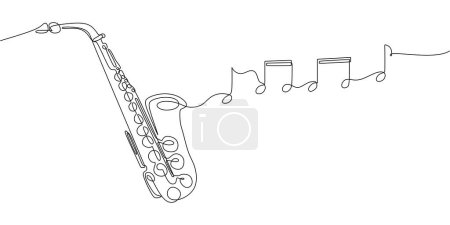 Téléchargez les illustrations : Un dessin de ligne de trompette avec des notes de musique ton design. Instrument de musique jazz classique. Illustration vectorielle style contour continu simple. - en licence libre de droit