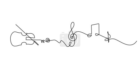 Illustration for One line drawing of violin with music notes tone design. Classical jazz music instrument. Vector illustration simple continuous outline style. - Royalty Free Image