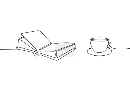 Illustration for Book with coffee in continuous one line drawing. Reading and relaxing concept. Vector illustration isolated. Minimalist design handdrawn. - Royalty Free Image