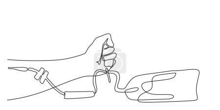 Illustration for Continuous one line drawing. Blood donation. Hand with blood bag. Medical healthcare charity vector illustration. - Royalty Free Image