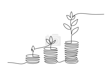 Geld finanziert Investitionskonzept. Stapel von Münzen wachsende Pflanze. Kontinuierliche Linienziehung.