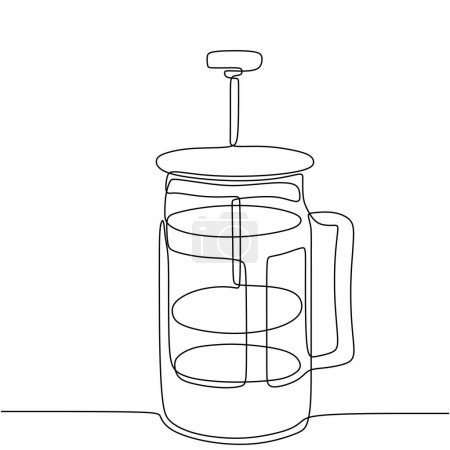 Illustration for French press and coffee one line drawing. Continuous single outline. Vector illustration isolated. Minimalist design handdrawn. - Royalty Free Image