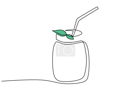 Illustration for Glass of mojito or cocktail with mint. Continuous line art drawing. - Royalty Free Image