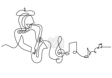 Ilustración de Músico tocando el saxofón con notas musicales escala de una línea de dibujo. Continuo dibujado a mano esbozar instrumento de música clásica de jazz. Herramientas de soplado para reproductor. - Imagen libre de derechos