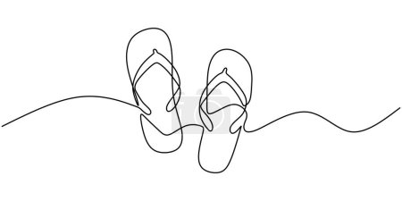 Téléchargez les illustrations : Dessin en continu de sandales flip flop. One line art dessin à la main contour chaussures d'été. - en licence libre de droit