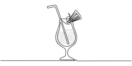 Illustration for Lemonade ice with sliced lemon line art drawing. One single continuous outline vector illustration. Lemon juice concept. - Royalty Free Image