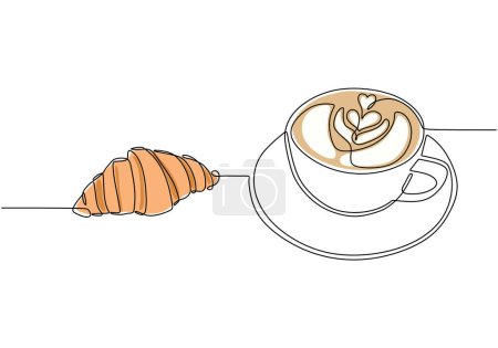 Illustration for Breakfast one line drawing. Coffee with cake continuous outline. Pastry Croissant. Vector illustration isolated. Minimalist design handdrawn. - Royalty Free Image