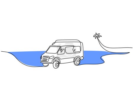 Illustration for Van one line drawing. Continuous outline design of vehicle minivan in the beach. - Royalty Free Image