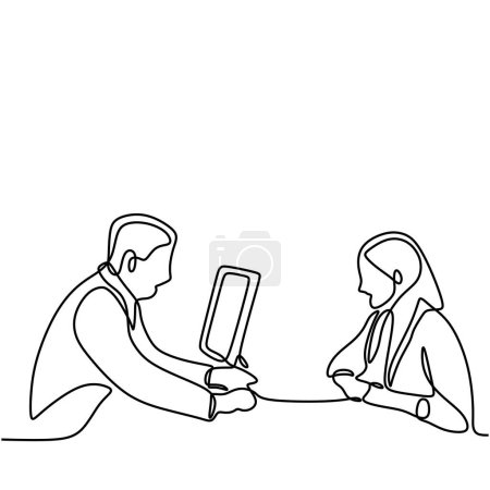 Illustration for Man interviewing woman in continuous one line art drawing. Business job career vector illustration editable stroke. - Royalty Free Image