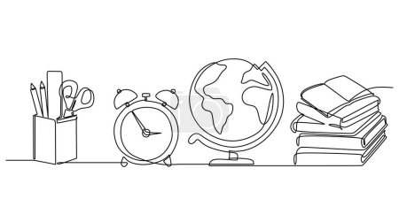 Education continuous one line drawing. Hand drawn of pen, ruler, alarm clock, globe, and pile of books. Back to school theme banner vector illustration.