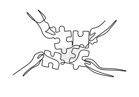 Illustration for Continuous line drawing of hands solving jigsaw puzzle Concept vector Partnership Coworking illustration - Royalty Free Image
