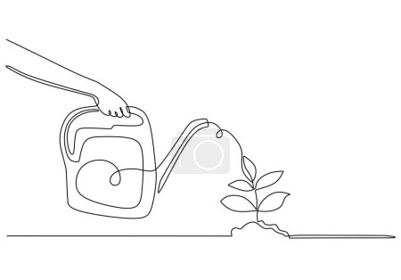 Téléchargez les illustrations : Illustration vectorielle de plantes à arrosage en ligne continue. Concept de croissance et de semis d'une seule ligne. - en licence libre de droit